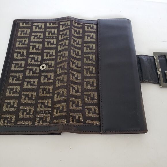 Fendi Zucca Vintage Wallet Canvas Leather Wallet Brown Purse Trifold Large Logo - Picture 7 of 13